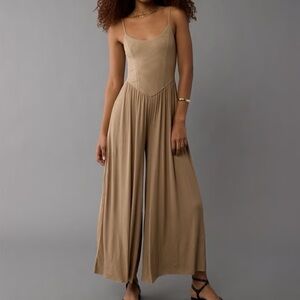 American Eagle Outfitters Tan Spaghetti-Strap Wide-Leg Jumpsuit